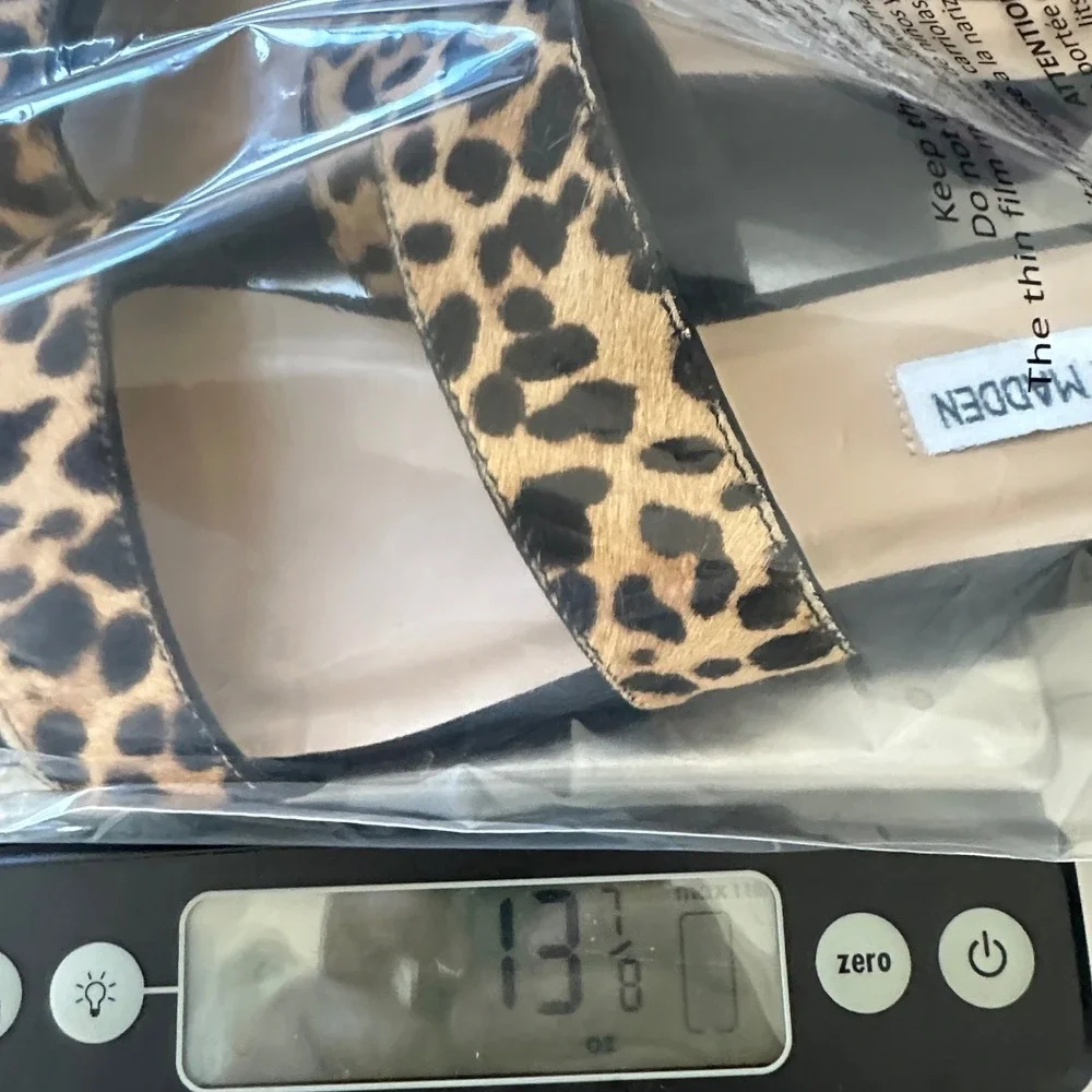 Steve Madden Leopard Print Calf Hair‎ Slide Sandals Women 8.5 Lacole Tan Black